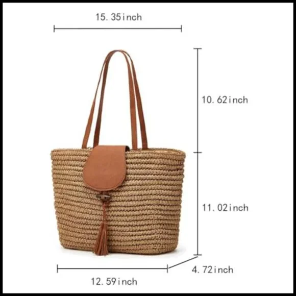Hand-Woven Straw Tote Shoulder Bag Large Beach Purse Minimal Boho Vacation - Picture 5 of 7